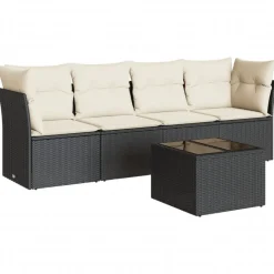 vidaXL 5-tlg. Garten-Sofagarnitur mit Kissen Schwarz Poly Rattan