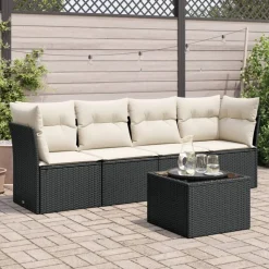 vidaXL 5-tlg. Garten-Sofagarnitur mit Kissen Schwarz Poly Rattan