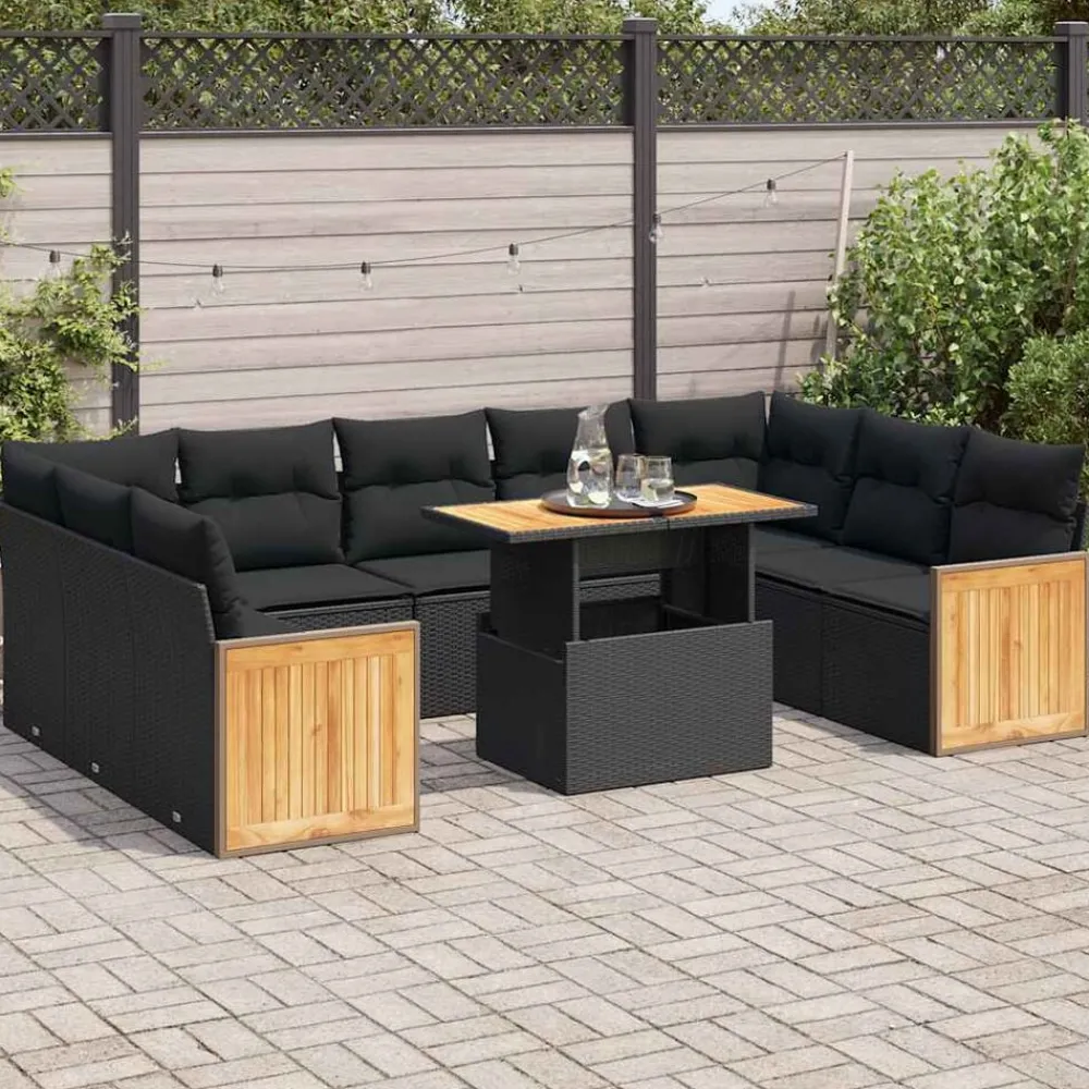 vidaXL 10-tlg. Garten-Sofagarnitur mit Kissen Poly Rattan Schwarz Clearance